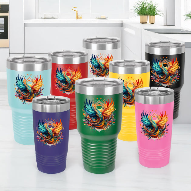 a group of colorful tumblers sitting on top of a counter