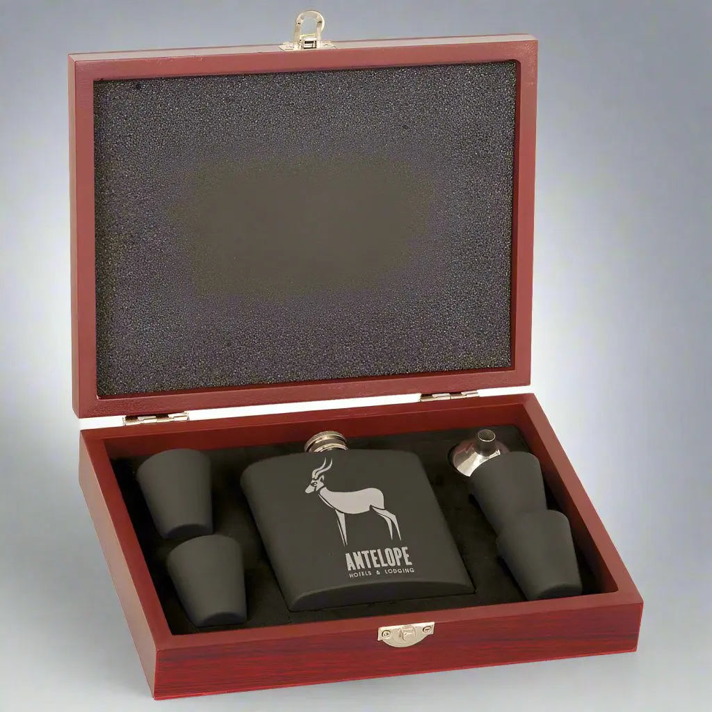 Matte Black Flask Set in Rosewood Finish Box w/4 Shot Glasses & Funnel Logo Engraved-AuchShop-Tumbler