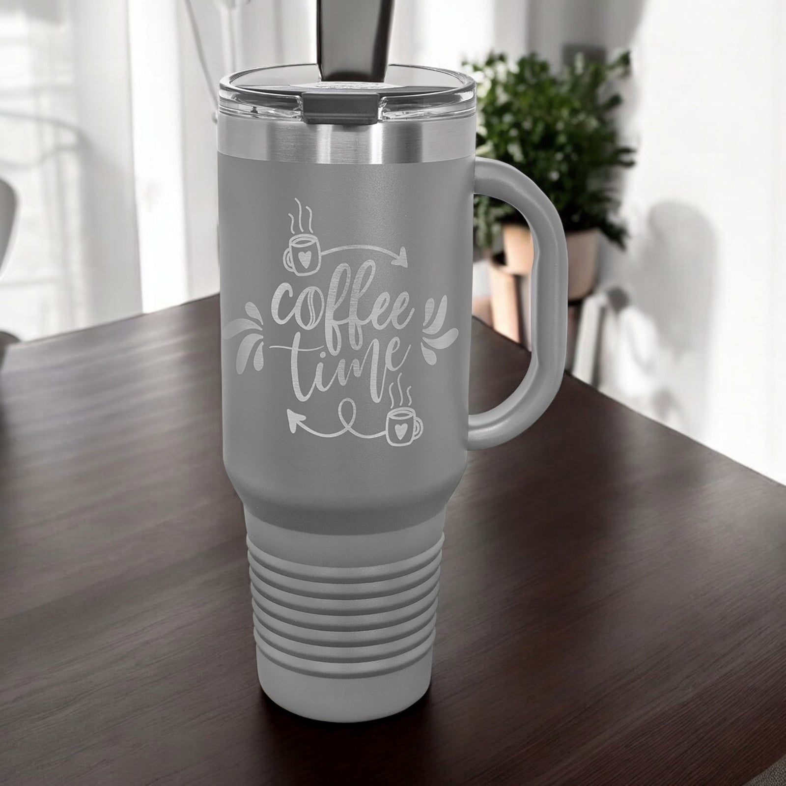 Custom Travel Mug with Handle, Straw Included Logo Engraved - AuchShop