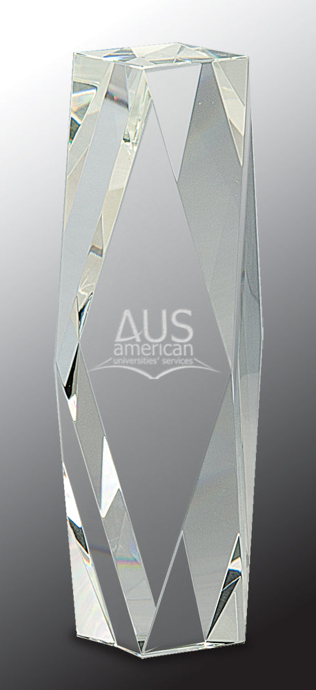 a crystal trophy with the name aus american on it